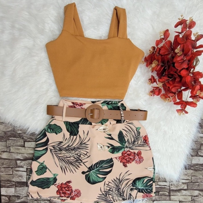 Conjunto Angel Cropped + Short Saia com Cinto