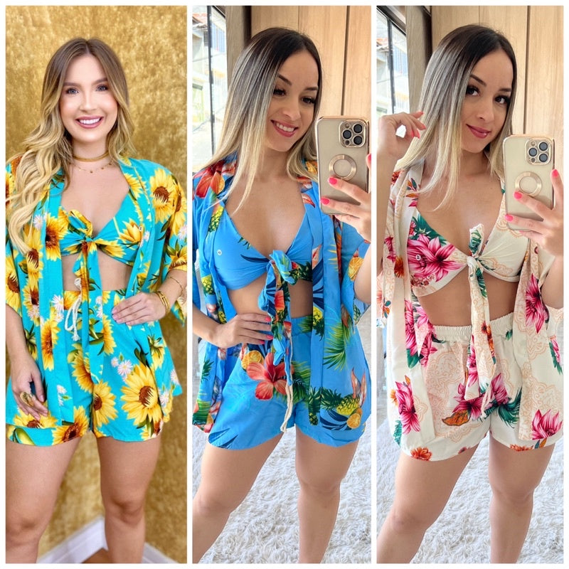 Conjunto Ana Julia - 3 peças ,Kimono+short+top, moda praia e casual