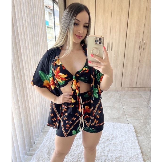 Conjunto Ana Julia - 3 peças ,Kimono+short+top, moda praia e casual