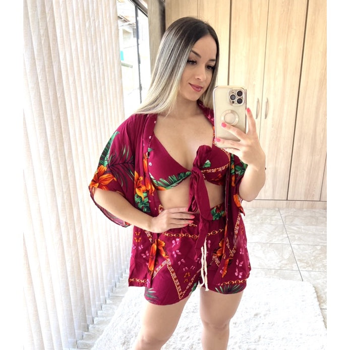 Conjunto Ana Julia - 3 peças ,Kimono+short+top, moda praia e casual