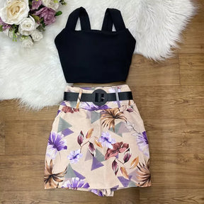 Conjunto Angel Cropped + Short Saia com Cinto